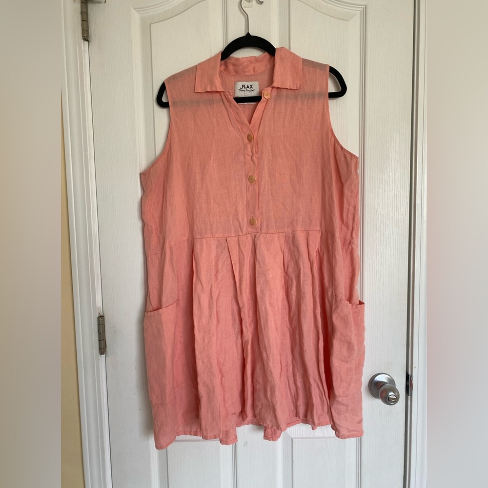 FLAX 100% Linen Sleeveless Button Pleated Mini Tunic Dress Size Large in Peach